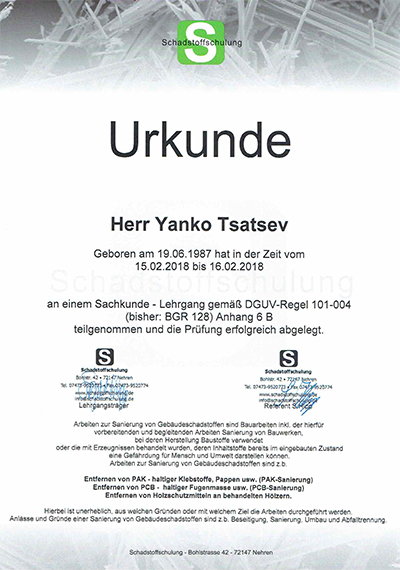 Urkunde Yanko Tsatsev